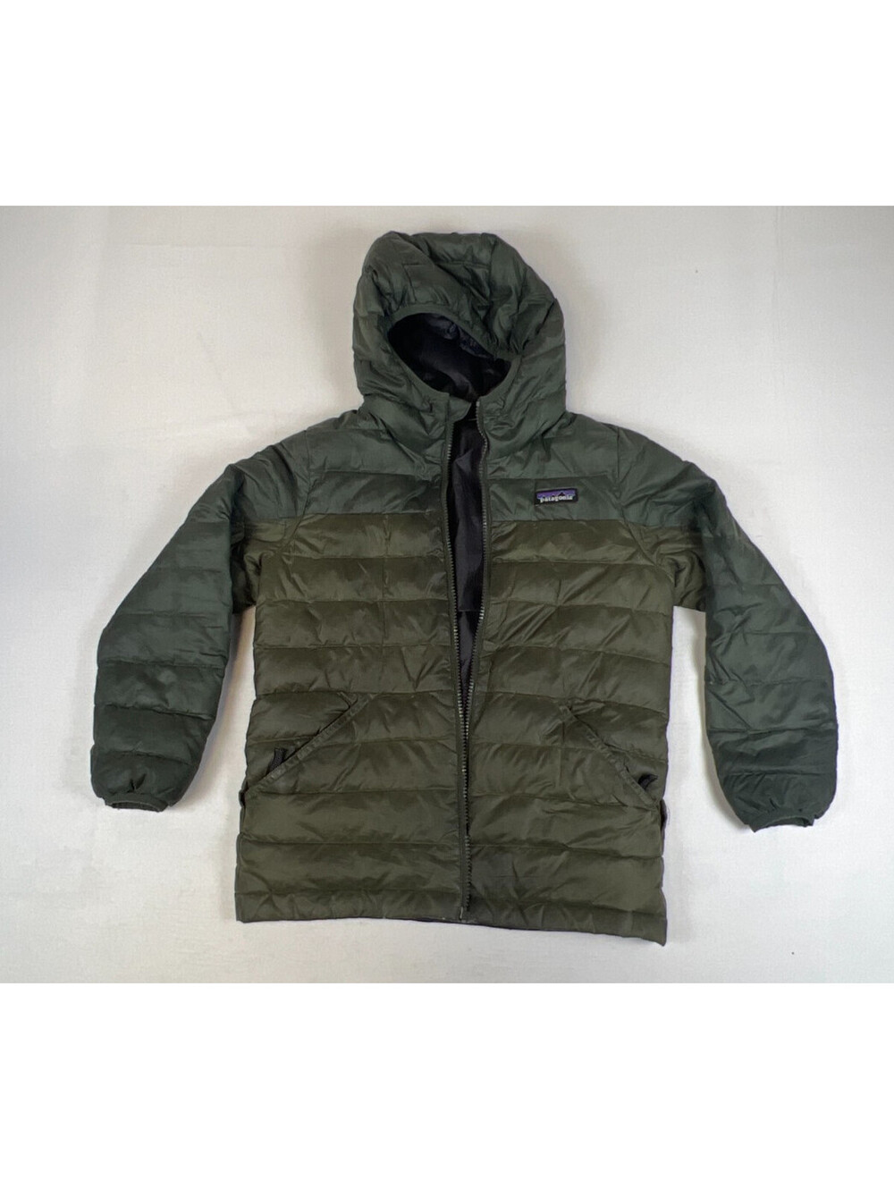 Patagonia Kids Green Hi Loft Down Hoody Puffer Jacket Reversible Full Zip